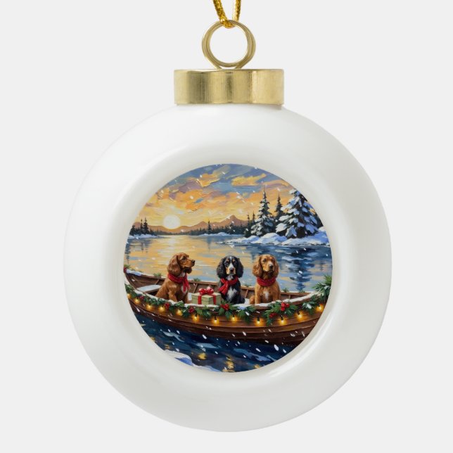 Cocker Spaniel Christmas Boat Holiday Ceramic Ball Christmas Ornament (Front)