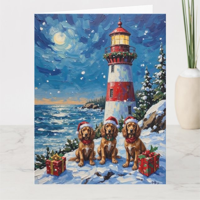 Cocker Spaniel Christmas Lighthouse Holiday Card (Front)