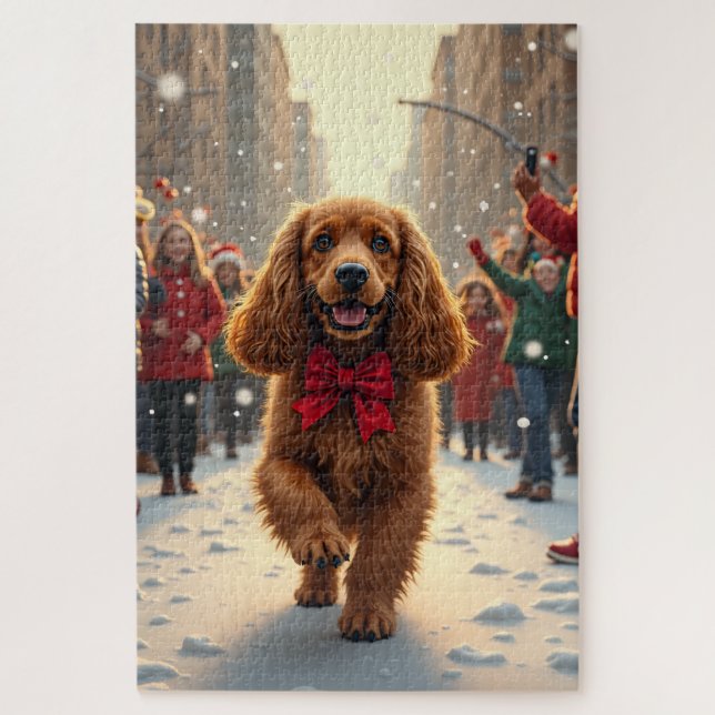 Cocker Spaniel Christmas Parade Holiday Painting Jigsaw Puzzle (Vertical)