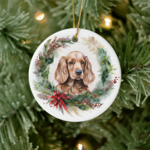 Cocker Spaniel Christmas Wreath Festive Pup Ceramic Ornament