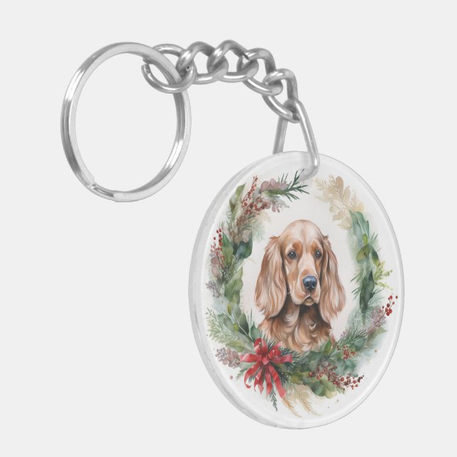 Cocker Spaniel Christmas Wreath Festive Pup  Keychain (Front Left)
