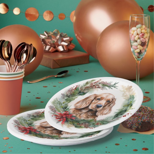 Cocker Spaniel Christmas Wreath Festive Pup  Paper Plates (Multi)