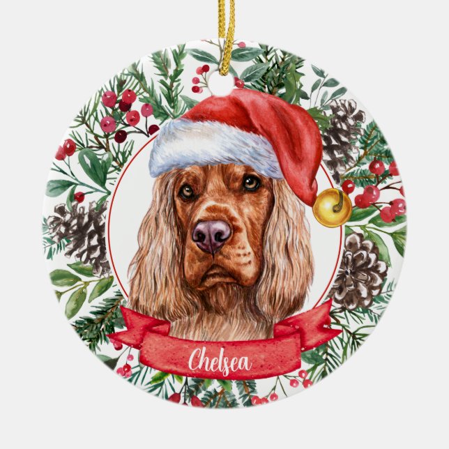 Cocker Spaniel Custom Santa Hat Christmas Ornament (Front)