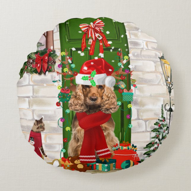 Cocker Spaniel Dog Christmas  Round Pillow (Front)