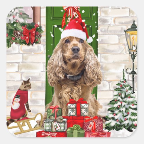 Cocker Spaniel Dog Christmas Square Sticker