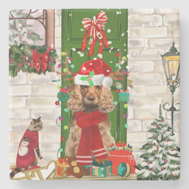 Cocker Spaniel Dog Christmas  Stone Coaster (Front)