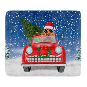Cocker Spaniel Dog Driving Car In Snow Christmas Cutting Board
