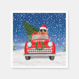 Cocker Spaniel Dog Driving Car In Snow Christmas Napkins
