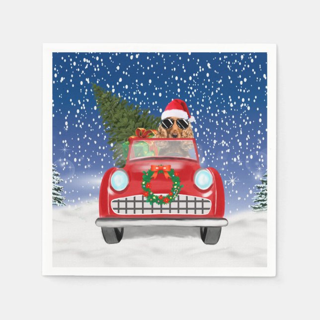 Cocker Spaniel Dog Driving Car In Snow Christmas  Napkins (Front)