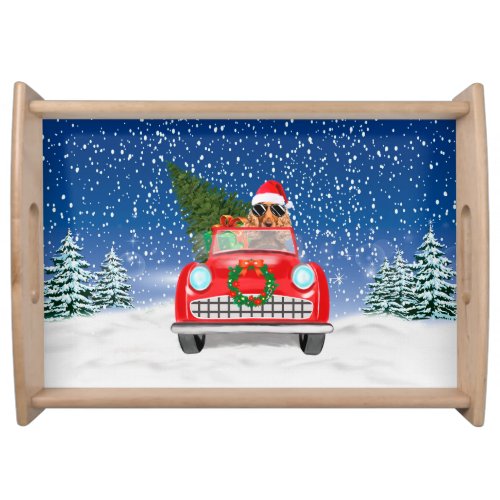 Cocker Spaniel Dog Driving Car In Snow Christmas  Serving Tray