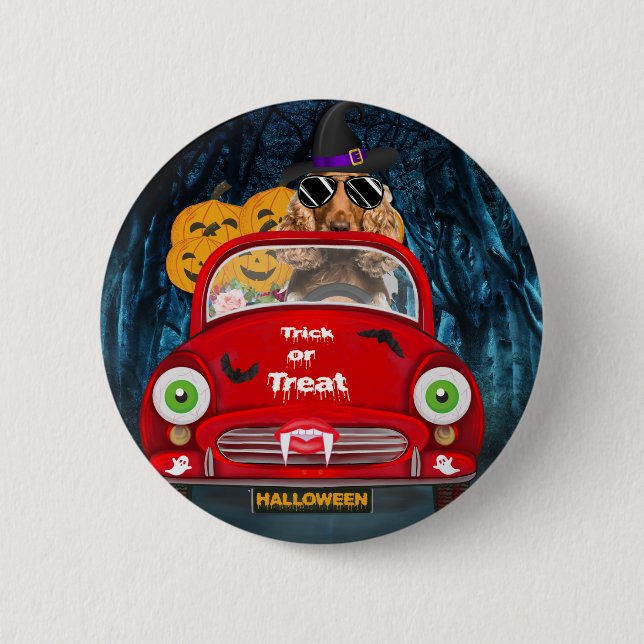 Cocker Spaniel Dog Driving Car Scary Halloween  Button (Front)