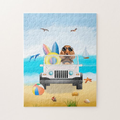  cocker spaniel Dog Driving on Beach  Jigsaw Puzzle