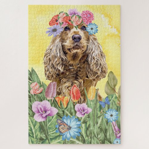 Cocker Spaniel Dog Flowers Jigsaw Puzzle