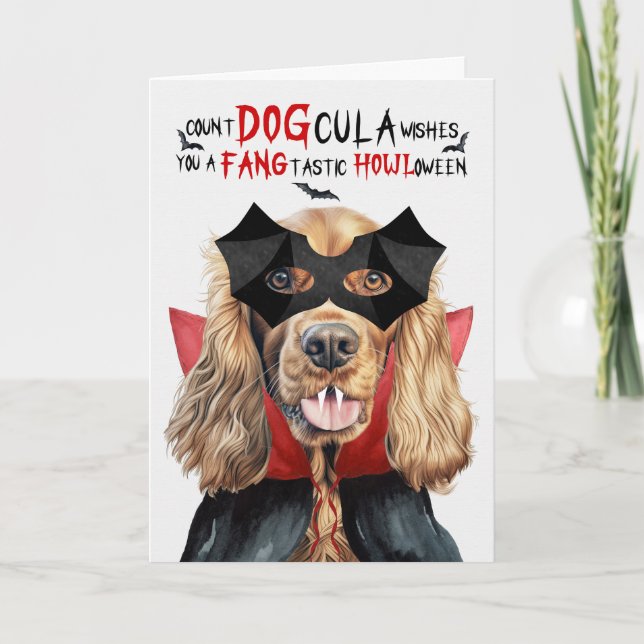 Cocker Spaniel Dog Funny Count DOGcula Halloween Holiday Card (Front)