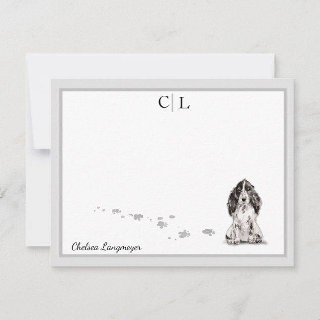 Cocker Spaniel Dog Gray Border Monogram Your Name Note Card (Front)