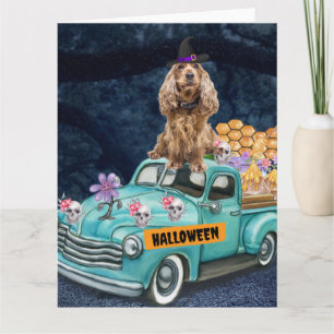 Cocker Spaniel Dog Halloween Truck Scary Night Card