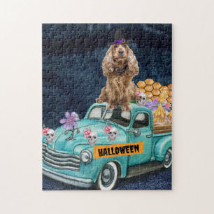 Cocker Spaniel Dog Halloween Truck Scary Night  Jigsaw Puzzle