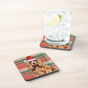 Cocker Spaniel Dog Holiday Plaid for Christmas Beverage Coaster
