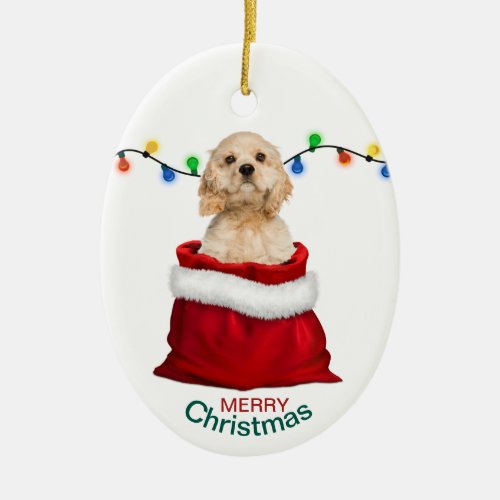 Cocker Spaniel Dog in Gift Bag Christmas Ceramic Ornament