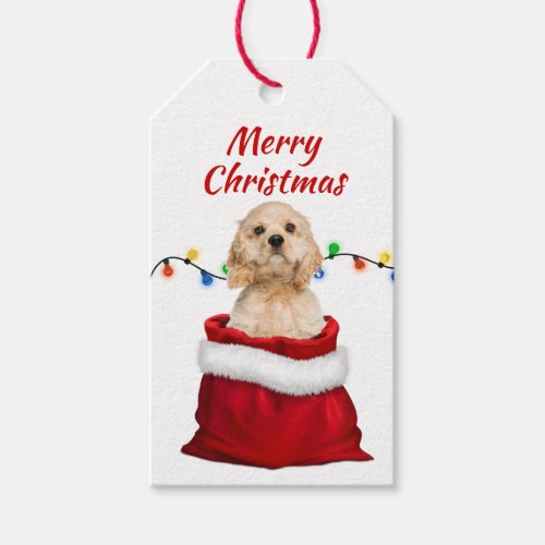 Cocker Spaniel Dog in Santa Bag Gift Tags