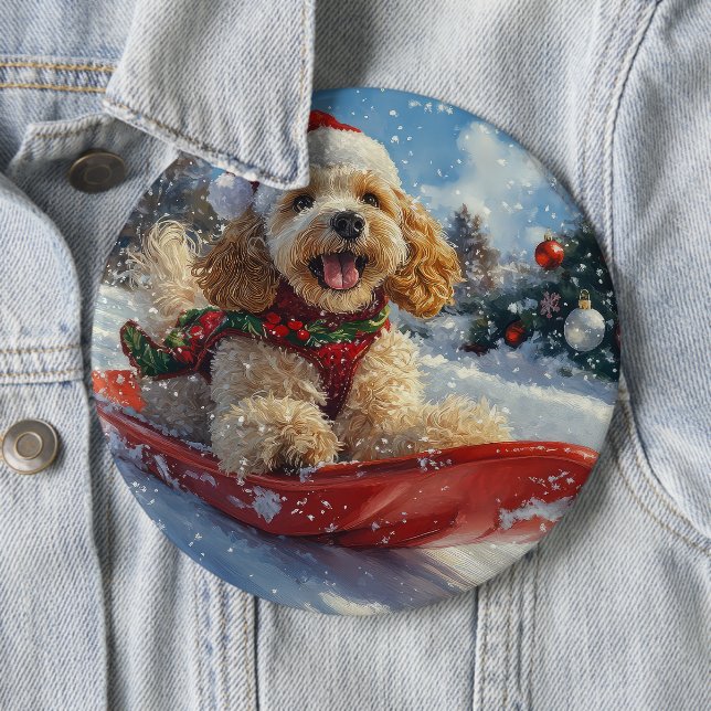 Cocker Spaniel Dog in Sledge Let it Snow Christmas Button (In Situ)