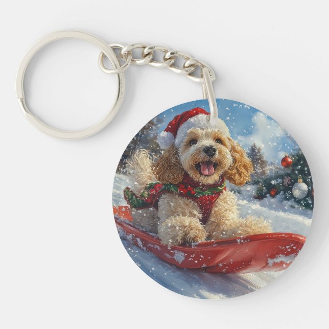 Cocker Spaniel Dog in Sledge Let it Snow Christmas Keychain (Front)