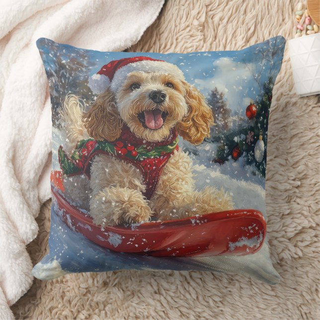Cocker Spaniel Dog in Sledge Let it Snow Christmas Throw Pillow (Blanket)