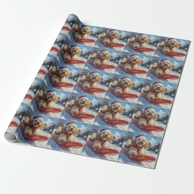 Cocker Spaniel Dog in Sledge Let it Snow Christmas Wrapping Paper (Unrolled)