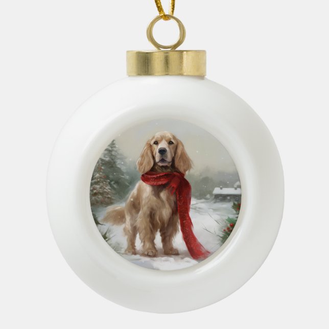 Cocker Spaniel Dog in Snow Christmas Ceramic Ball Christmas Ornament (Front)
