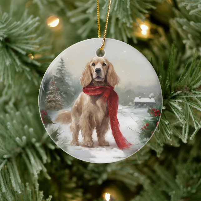 Cocker Spaniel Dog in Snow Christmas Ceramic Ornament (Tree)