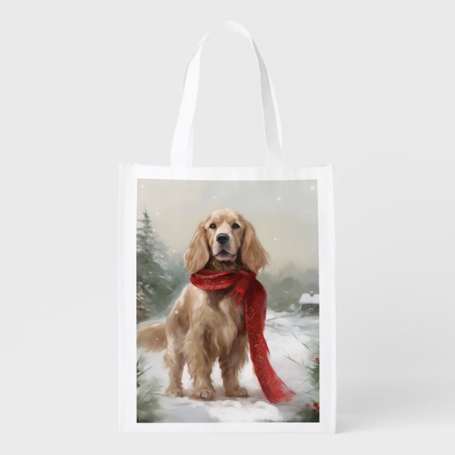 Cocker Spaniel Dog in Snow Christmas Grocery Bag (Front)