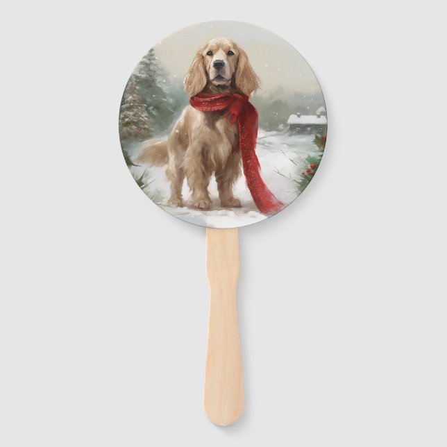 Cocker Spaniel Dog in Snow Christmas Hand Fan (Front)