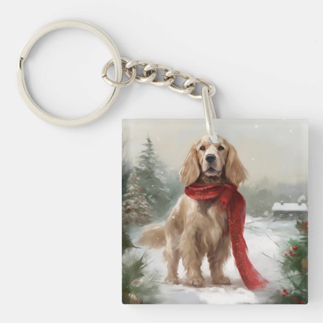Cocker Spaniel Dog in Snow Christmas Keychain (Front)
