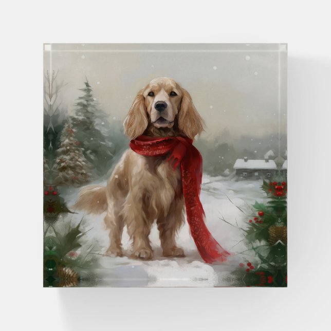 Cocker Spaniel Dog in Snow Christmas Paperweight (Front)