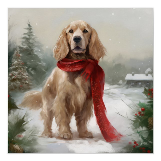 Cocker Spaniel Dog in Snow Christmas Poster (Front)