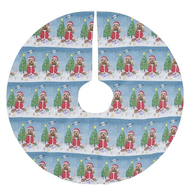 Cocker Spaniel Dog in Snow with Christmas Gifts Brushed Polyester Tree Skirt (Front)