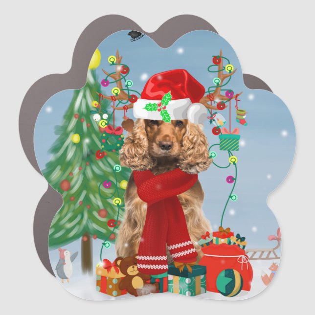Cocker Spaniel Dog in Snow with Christmas Gifts  Car Magnet (Front)