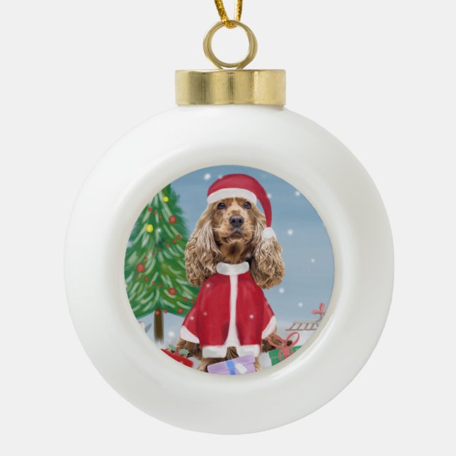 Cocker Spaniel Dog in Snow with Christmas Gifts  Ceramic Ball Christmas Ornament (Front)