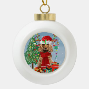 Cocker Spaniel Dog in Snow with Christmas Gifts Ceramic Ball Christmas Ornament
