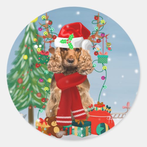 Cocker Spaniel Dog in Snow with Christmas Gifts  Classic Round Sticker