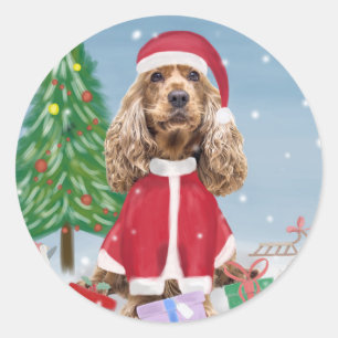 Cocker Spaniel Dog in Snow with Christmas Gifts Classic Round Sticker