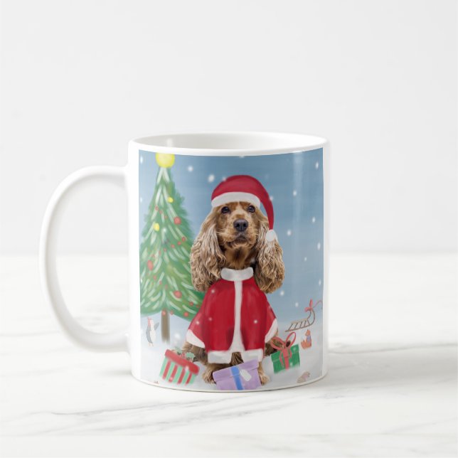 Cocker Spaniel Dog in Snow with Christmas Gifts  Coffee Mug (Left)