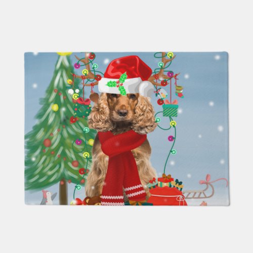 Cocker Spaniel Dog in Snow with Christmas Gifts  Doormat