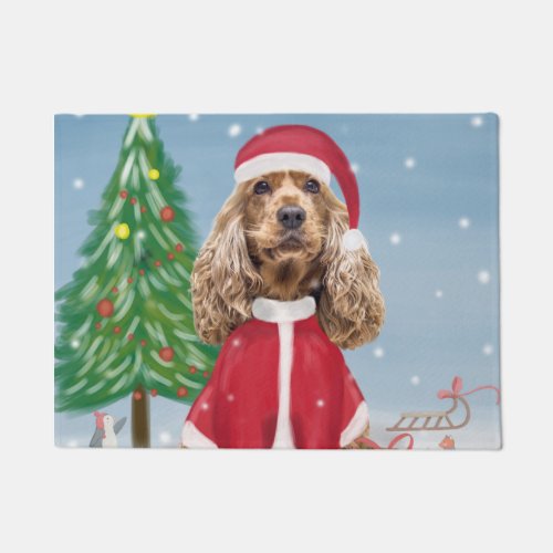 Cocker Spaniel Dog in Snow with Christmas Gifts  Doormat