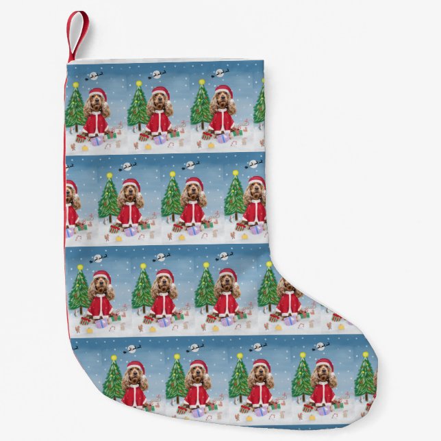 Cocker Spaniel Dog in Snow with Christmas Gifts  Small Christmas Stocking (Front)