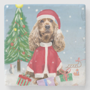Cocker Spaniel Dog in Snow with Christmas Gifts Stone Coaster