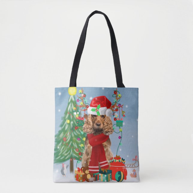 Cocker Spaniel Dog in Snow with Christmas Gifts   Tote Bag (Front)