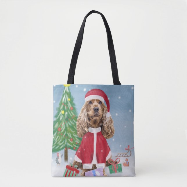 Cocker Spaniel Dog in Snow with Christmas Gifts  Tote Bag (Front)