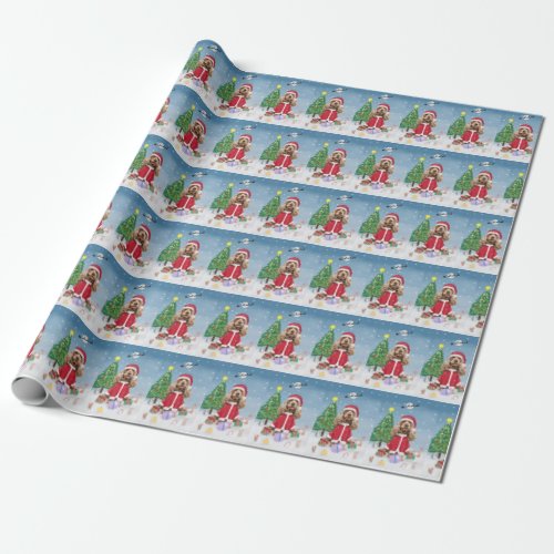 Cocker Spaniel Dog in Snow with Christmas Gifts  Wrapping Paper