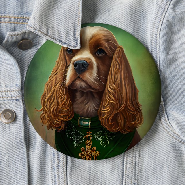 Cocker Spaniel Dog in St. Patrick's Day Dress Button (In Situ)